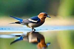 ai gerado uma azul e branco pássaro é sentado em uma de madeira postar foto