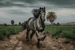 ai gerado jovem Castanho cavalo galopando, pulando em a campo em uma neutro fundo. neural rede ai gerado foto