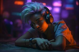 ai gerado jovem mulher com moicano dentro fones de ouvido, cyberpunk estilo. neural rede ai gerado foto