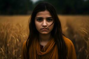 ai gerado retrato do uma indiano menina contra a fundo do espiguetas do trigo. neural rede ai gerado foto