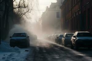 ai gerado ar poluição a partir de a escape do carros dentro a cidade durante a frio dia, de Meio Ambiente poluição dentro a cidade. neural rede ai gerado foto