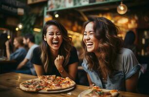 ai gerado dois mulheres rindo com pizza às uma restaurante foto