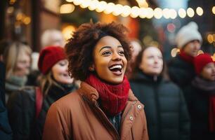 ai gerado coro do pessoas cantando em a rua dentro inverno foto