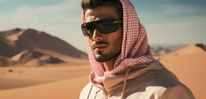 ai gerado jovem saudita masculino dentro a deserto foto