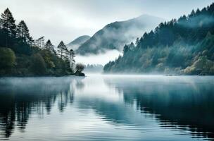 ai gerado uma montanha lago com névoa refletindo em isto foto