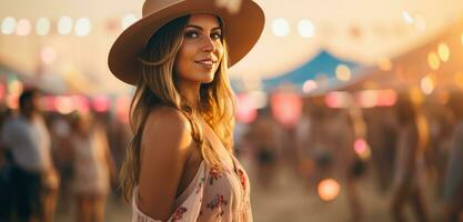 ai gerado mulher caminhando através multidão às uma festival dentro uma chapéu foto