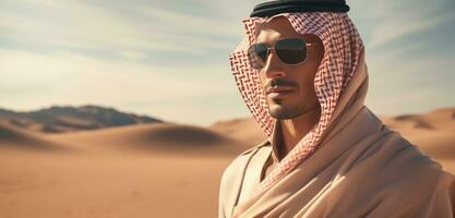 ai gerado jovem saudita masculino dentro a deserto foto
