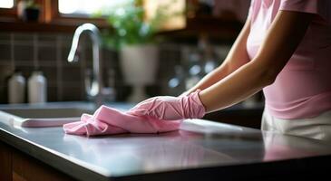 ai gerado mulher homem dentro cozinha com Rosa luvas lavando foto