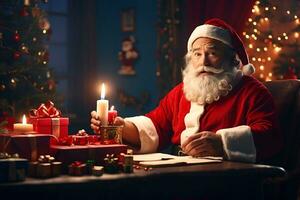 ai gerado santa claus fazer uma Natal desejo com uma vela e uma presente foto