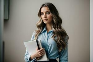 ai gerado o negócio mulher com ondulado grandes cabelo e carrinhos segurando uma caderno dentro mãos foto