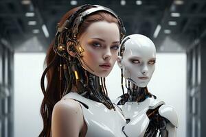 ai gerado ai fêmea cyborg futurista tecnologia artificial inteligência menina ilustração. foto