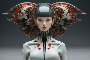 ai gerado ai fêmea cyborg futurista tecnologia artificial inteligência menina ilustração. foto