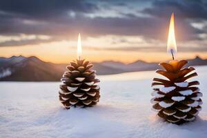 ai gerado uma vela e pinho cones sentar em uma Nevado terra foto