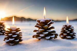 ai gerado três pinho cones com velas dentro a neve foto