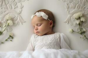 ai gerado fofa pequeno bebê menina dormindo em branco cama com branco flores, uma recém-nascido bebê dormindo em uma branco cama, ai gerado foto