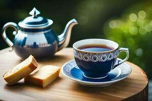 ai gerado chá e biscoitos em de madeira mesa dentro jardim foto