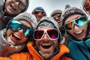 ai gerado grupo do amigos tendo Diversão dentro inverno montanhas. grupo do pessoas tendo Diversão ao ar livre, uma grupo do pessoas vestindo esqui equipamento leva uma selfie junto, ai gerado foto