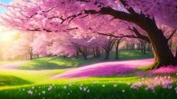 ai gerado Primavera panorama com cereja florescendo sakura árvores e Prado às pôr do sol foto