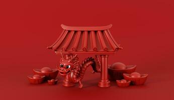 3d render do chinês portão com vermelho Dragão e dinheiro saco cheio do moedas e lingotes para feliz chinês Novo ano 2024 em vermelho fundo. foto