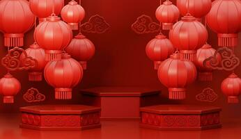 3d render do três pódio com lanternas para feliz chinês Novo ano 2024 em vermelho fundo. foto