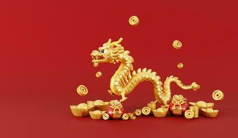 3d render do chinês Dragão com dinheiro bolsa, moedas e lingotes para feliz chinês Novo ano 2024 em vermelho fundo. foto