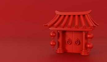3d render do vermelho chinês têmpora portão com lanternas para feliz chinês Novo ano 2024 em vermelho fundo. foto