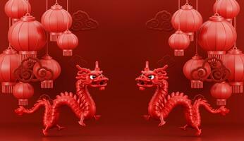 3d render para feliz chinês Novo ano 2024 do Dragão zodíaco com lanternas e nuvem em vermelho fundo. foto
