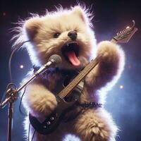 ilustração do uma cachorro jogando guitarra, cantando pedra, gerado de ai foto