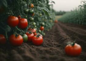 ai gerado vermelho maduro tomates plantar dentro a jardim para fundo. colheita agricultura ilustração foto