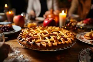 ai gerado delicioso caseiro maçã torta em rústico de madeira mesa com queimando velas foto