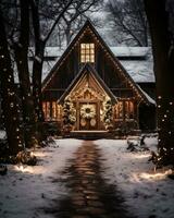 ai gerado Natal e Novo ano decoração dentro uma de madeira casa dentro a inverno floresta. foto