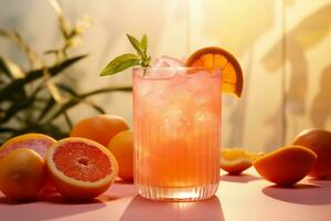 ai gerado coquetel com gelo, limão, laranja e hortelã em uma brilhante fundo foto