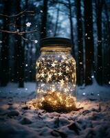 ai gerado Natal luzes dentro uma vidro jarra em a fundo do uma inverno floresta foto