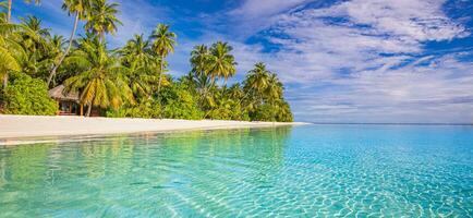 praia da ilha paradisíaca. paisagem tropical da paisagem de verão, palmeiras do céu da areia do mar. destino de férias de viagens de luxo. paisagem de praia exótica. natureza incrível, relaxe, conceito de natureza liberdade maldivas foto