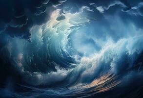 ai gerado grande onda queda em a oceano com Sombrio nublado céu foto