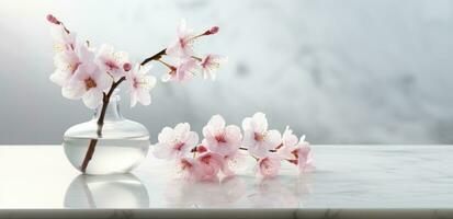ai gerado cereja flores florescendo em uma branco mesa com uma vaso do água foto