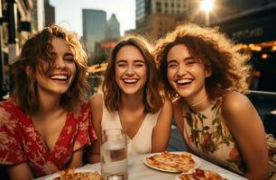 ai gerado três jovem mulheres tendo uma fatia do pizza às a ao ar livre jantar mesa foto