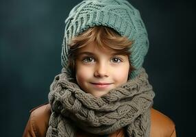 ai gerado criança vestido calorosamente dentro uma de lã chapéu e lenço. inverno tempo. estúdio foto