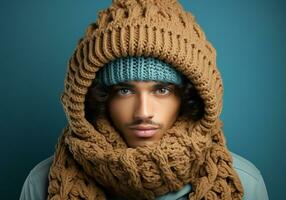 ai gerado homem vestido calorosamente dentro uma de lã chapéu e lenço. inverno tempo. estúdio foto. ai gerado foto