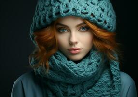 ai gerado mulher vestido calorosamente dentro uma de lã chapéu e lenço. inverno tempo. estúdio foto. foto
