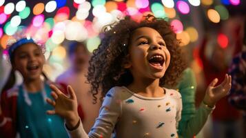 ai gerado Diversão e brincalhão foto do crianças dançando e cantando ao longo para seus favorito festa melodias