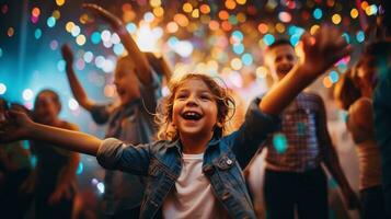 ai gerado Diversão e brincalhão foto do crianças dançando e cantando ao longo para seus favorito festa melodias