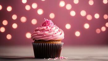 ai gerado uma Bolinho com Rosa gelo e granulados em isto foto