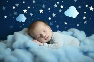 ai gerado a bebê dormindo em a nuvem com estrelas dentro a fundo foto