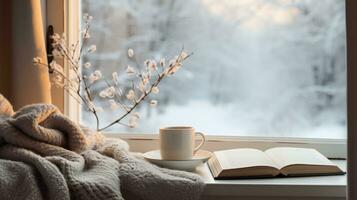 ai gerado inverno estético manhã, caloroso malhas, livro, e uma janela Visão do Nevado paisagens foto