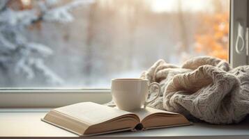 ai gerado inverno estético manhã, caloroso malhas, livro, e uma janela Visão do Nevado paisagens foto