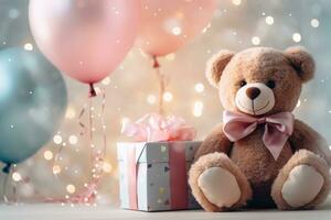 ai gerado aniversário com uma Urso segurando presente e balões foto