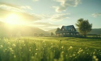 ai gerado a imagem do uma verde campo e casa foto