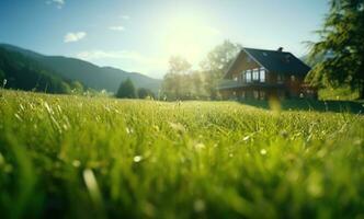 ai gerado a imagem do uma verde campo e casa foto