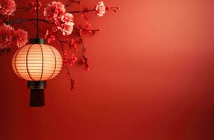 ai gerado uma chinês lanterna suspensão dentro vermelho luz foto